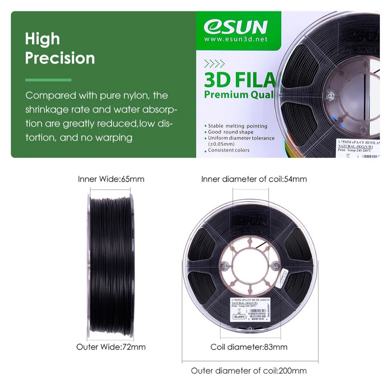 eSun ePA-CF (Carbon Fiber Filled Nylon) 1.75mm 1KG 3D Printer Filament Black