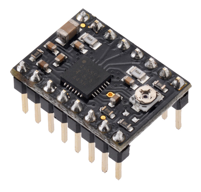 Pololu A4988 stepper motor driver carrier, Black Edition, with included header pins soldered.