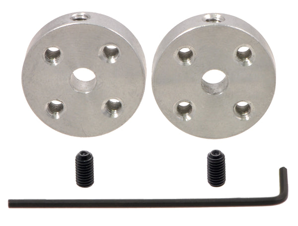 A pair of Pololu universal aluminum mounting hubs for 4&nbsp;mm diameter shafts.