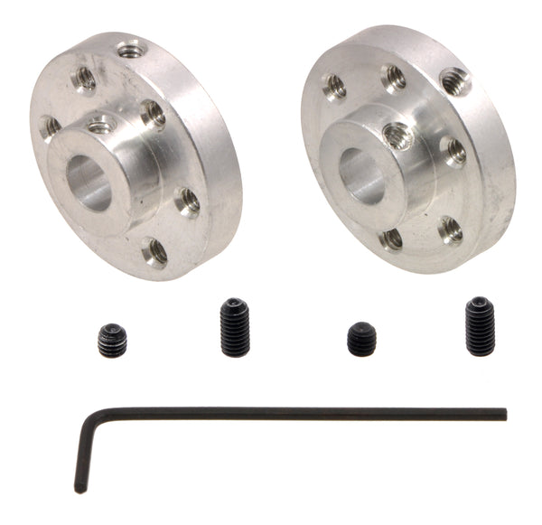 A pair of Pololu universal aluminum mounting hubs for 6&nbsp;mm diameter shafts.