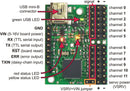 Mini Maestro 12-channel USB servo controller (fully assembled) labeled top view.