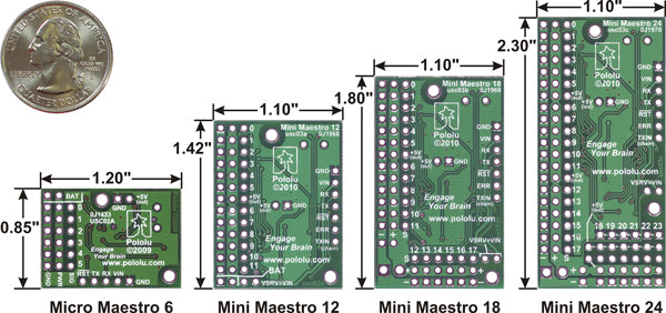 Bottom view with dimensions (in inches) of Pololu Micro and Mini Maestro servo controllers.