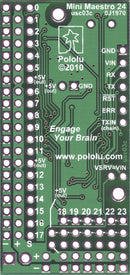 Bottom view of Mini Maestro 24-channel USB servo controller.