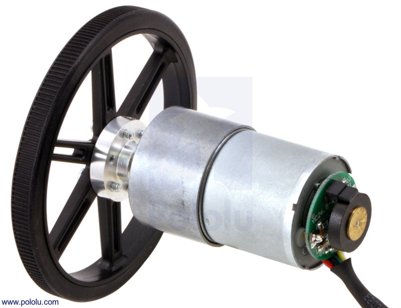 37D&nbsp;mm metal gearmotor with 64&nbsp;CPR encoder (no end cap) and Pololu 90x10mm wheel.
