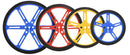 Pololu Wheels with 90, 80, 70, and 60&nbsp;mm diameters in three colors: blue, red, and yellow.