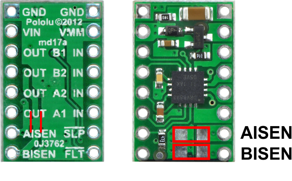 Locations of necessary modifications to enable current limiting on a DRV8833 dual motor driver carrier.