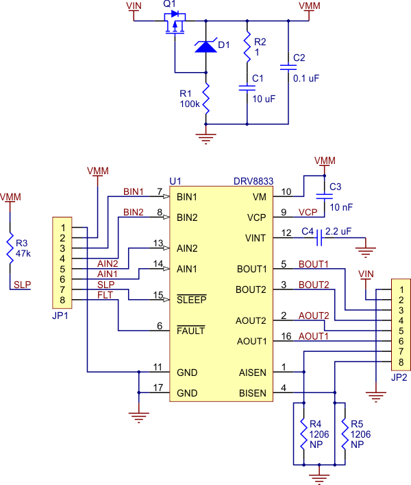 Schematic diagram of the DRV8833 dual motor driver carrier.