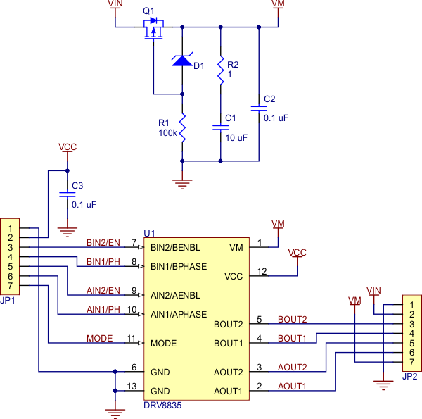 Schematic of the DRV8835 dual motor driver carrier.