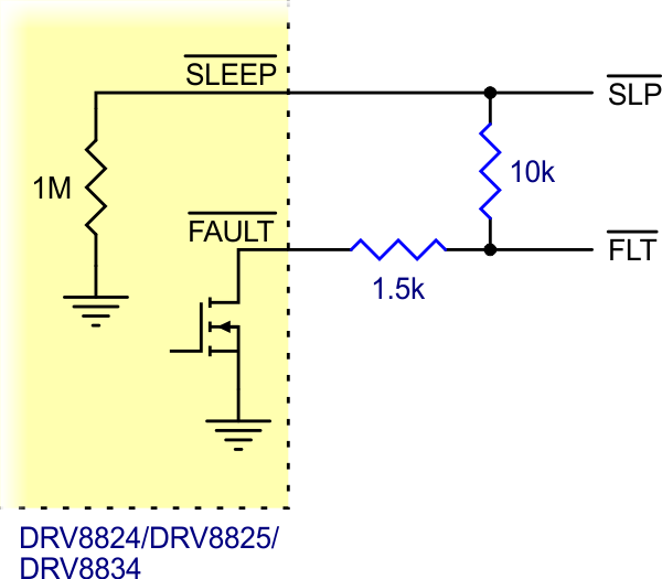 Schematic of nSLEEP and nFAULT pins on DRV8824/DRV8825/DRV8834 carriers.