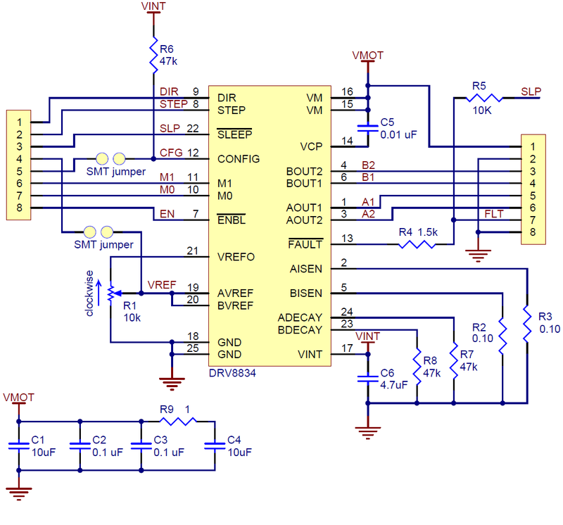 Schematic diagram for the DRV8834 low-voltage stepper motor driver carrier.