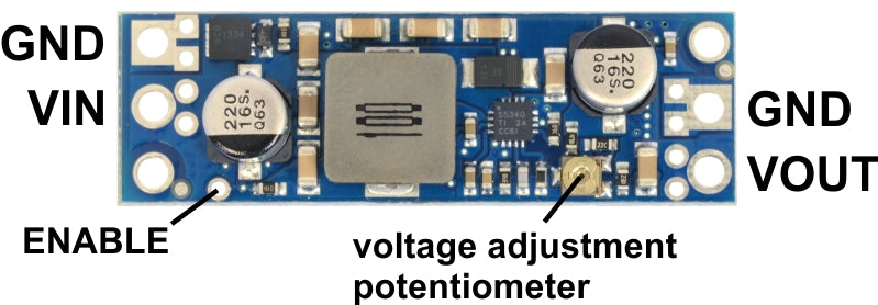 Pololu adjustable step-up voltage regulator U3V50Ax, labeled top view.