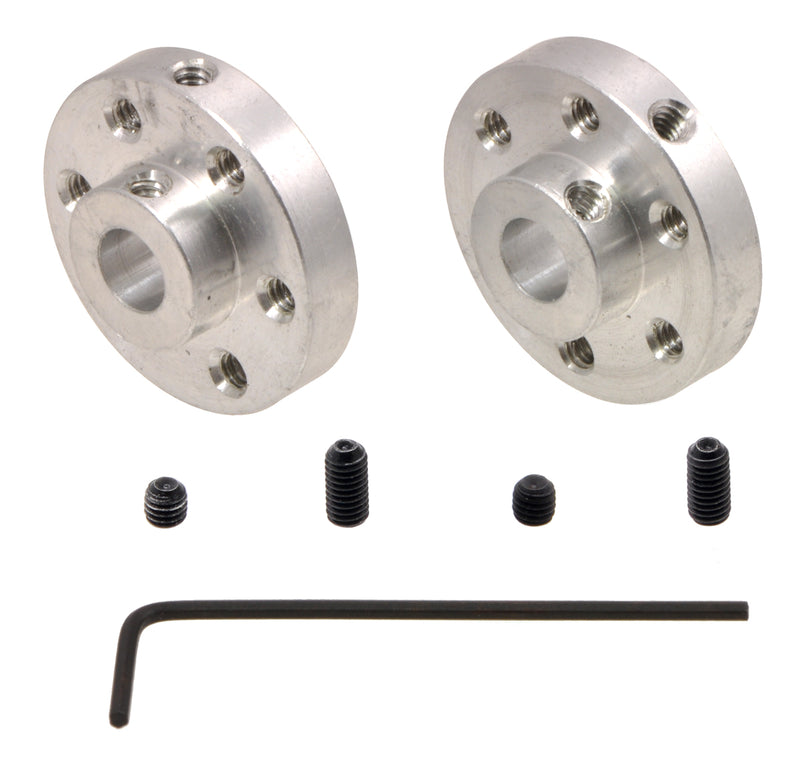 A pair of Pololu universal aluminum mounting hubs for 1/4&nbsp;inch diameter shafts.