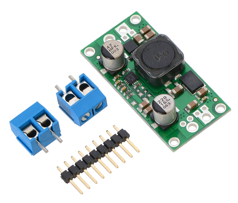Pololu fixed step-up/step-down voltage regulator S18V20Fx with included optional terminal blocks and header pins.