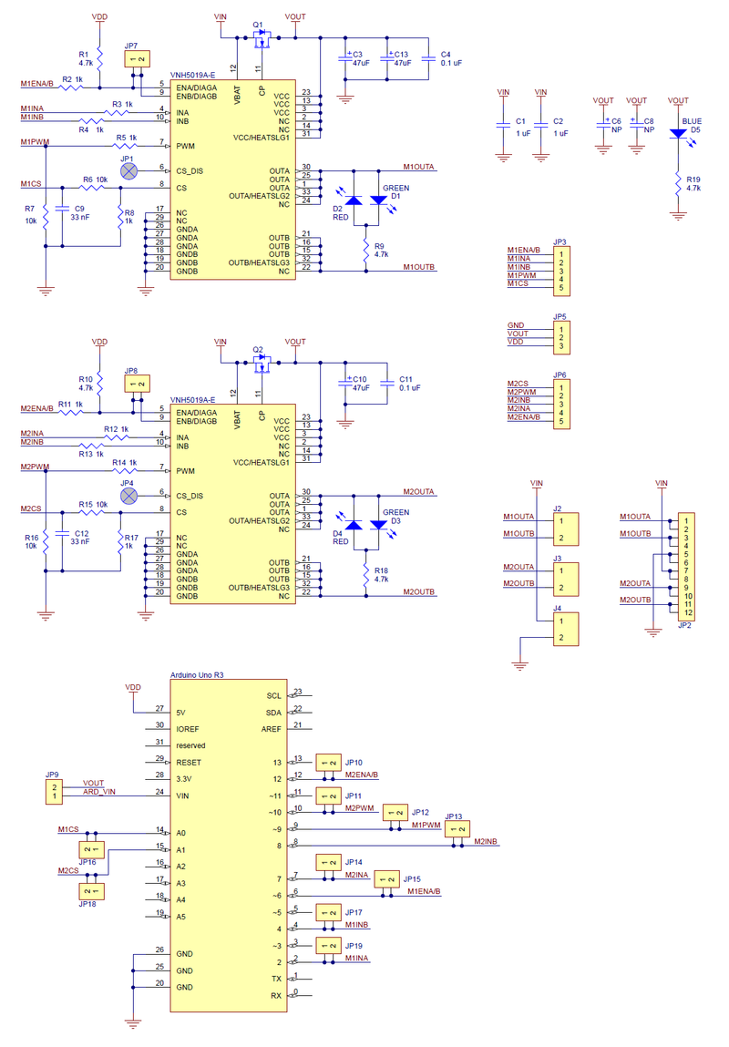 Schematic diagram of the Pololu dual VNH5019 motor driver shield for Arduino.