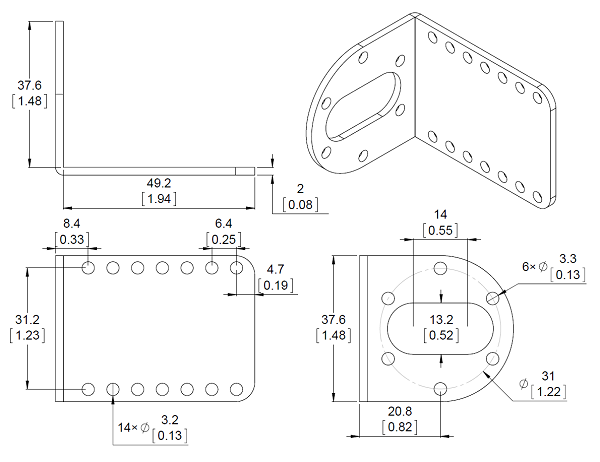 Mechanical drawing for the Pololu stamped aluminum L-bracket for 37D mm metal gearmotors.  Units are mm over [inches].