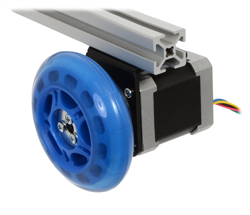 A stepper motor connected to a scooter wheel by the 5&nbsp;mm scooter wheel adapter.