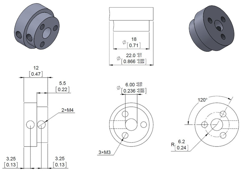 Dimension diagram of the Pololu aluminum scooter wheel adapter threaded mount for 6&nbsp;mm shafts. Units are mm over [inches].