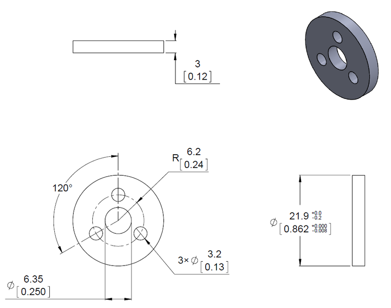 Dimension diagram of the Pololu aluminum scooter wheel adapter flat washer. Units are mm over [inches].