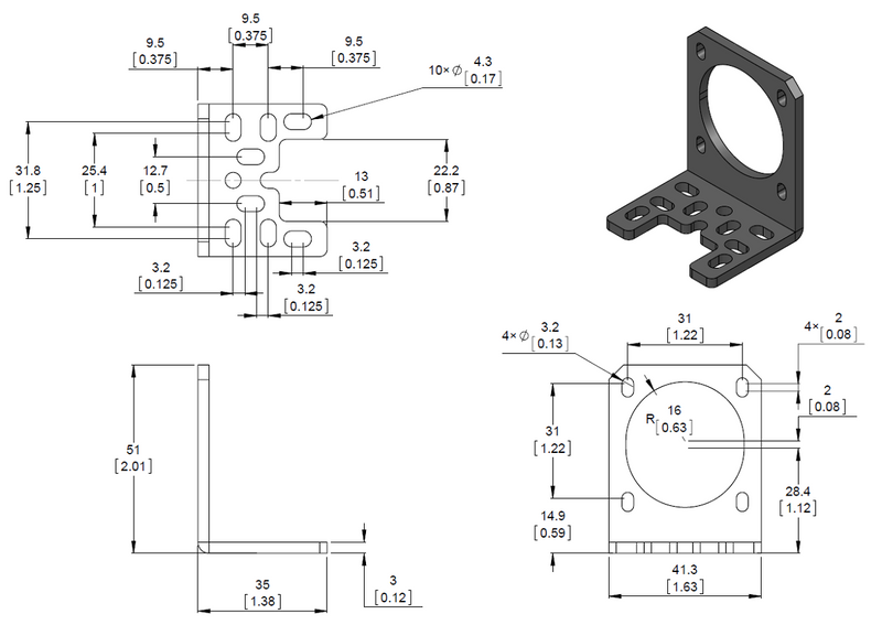 Dimension diagram of the Pololu stamped aluminum L-bracket for NEMA 17 stepper motors.  Units are mm over [inches].