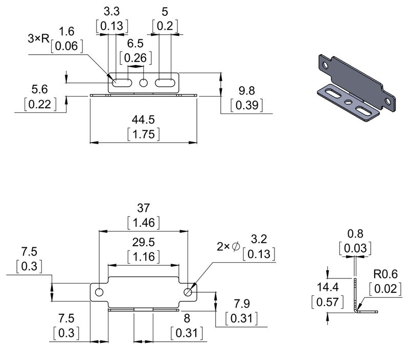 Dimension diagram of Bracket for Sharp GP2Y0A02, GP2Y0A21, and GP2Y0A41 Distance Sensors - Parallel. Units are mm over [inches].