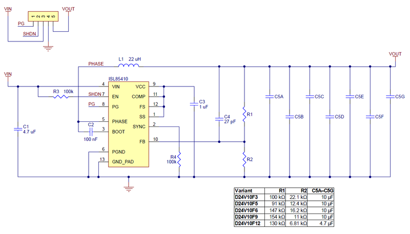 Schematic diagram for the Pololu D24V10Fx family of 1&nbsp;A step-down voltage regulators.