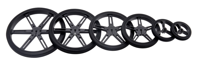 Black Pololu Wheels with 90, 80, 70, 60, 40, and 32&nbsp;mm diameters (other colors available).