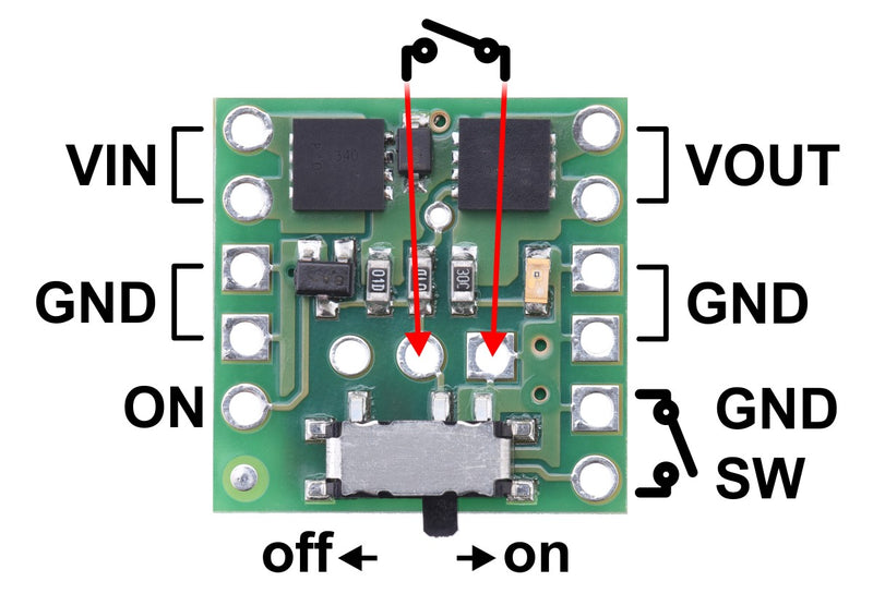 Pinout diagram of Mini MOSFET Slide Switch with Reverse Voltage Protection.