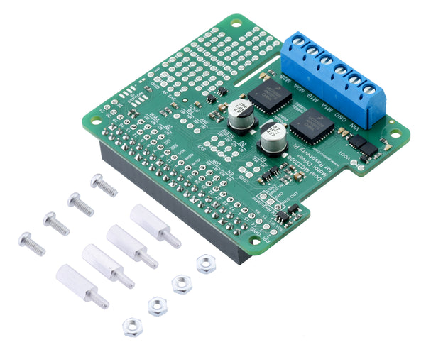 Pololu Dual MC33926 Motor Driver for Raspberry Pi (assembled version) with included hardware.