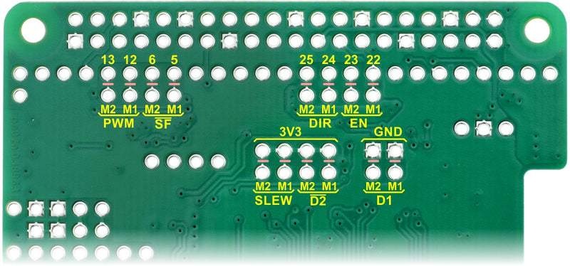 Bottom view of the dual MC33926 motor driver for Raspberry Pi, showing cuttable traces.
