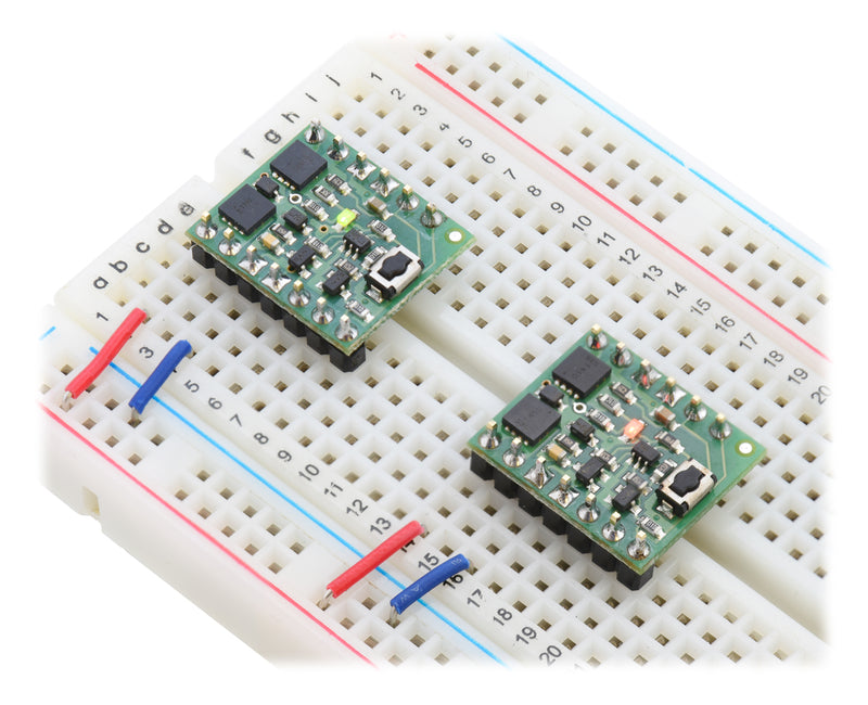 Mini Pushbutton Power Switches in a breadboard (SV version on left and LV version on right).