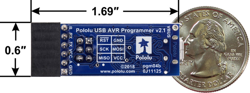 Pololu USB AVR Programmer v2.1, bottom view with dimensions.