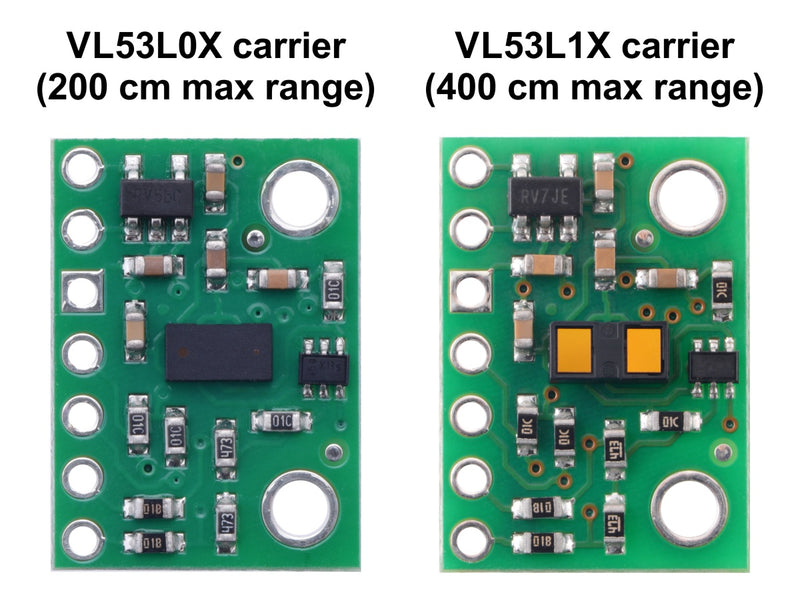 Side-by-side comparison of the VL53L0X and VL53L1X Time-of-Flight Distance Sensor Carriers.