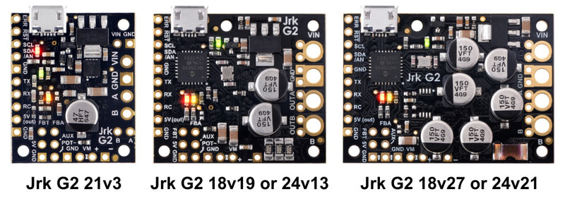 Side-by-side comparison of the different Jrk G2 USB Motor Controllers with Feedback.