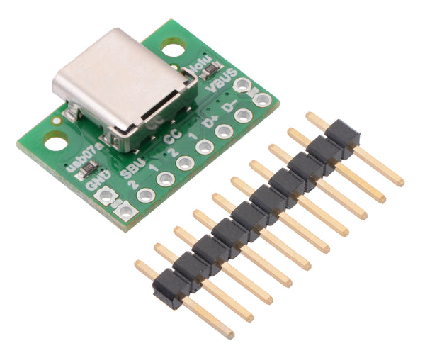 USB 2.0 Type-C Connector Breakout Board with included optional header pins.