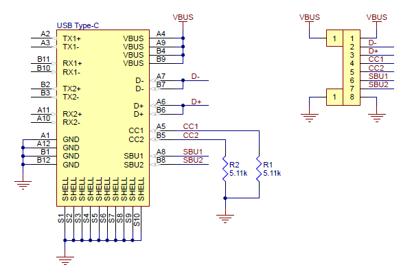 Schematic diagram of the USB 2.0 Type-C Connector Breakout Board.