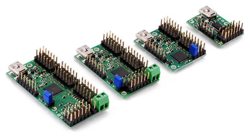 Maestro family of USB servo controllers: Mini 24, Mini 18, Mini 12, and Micro 6.